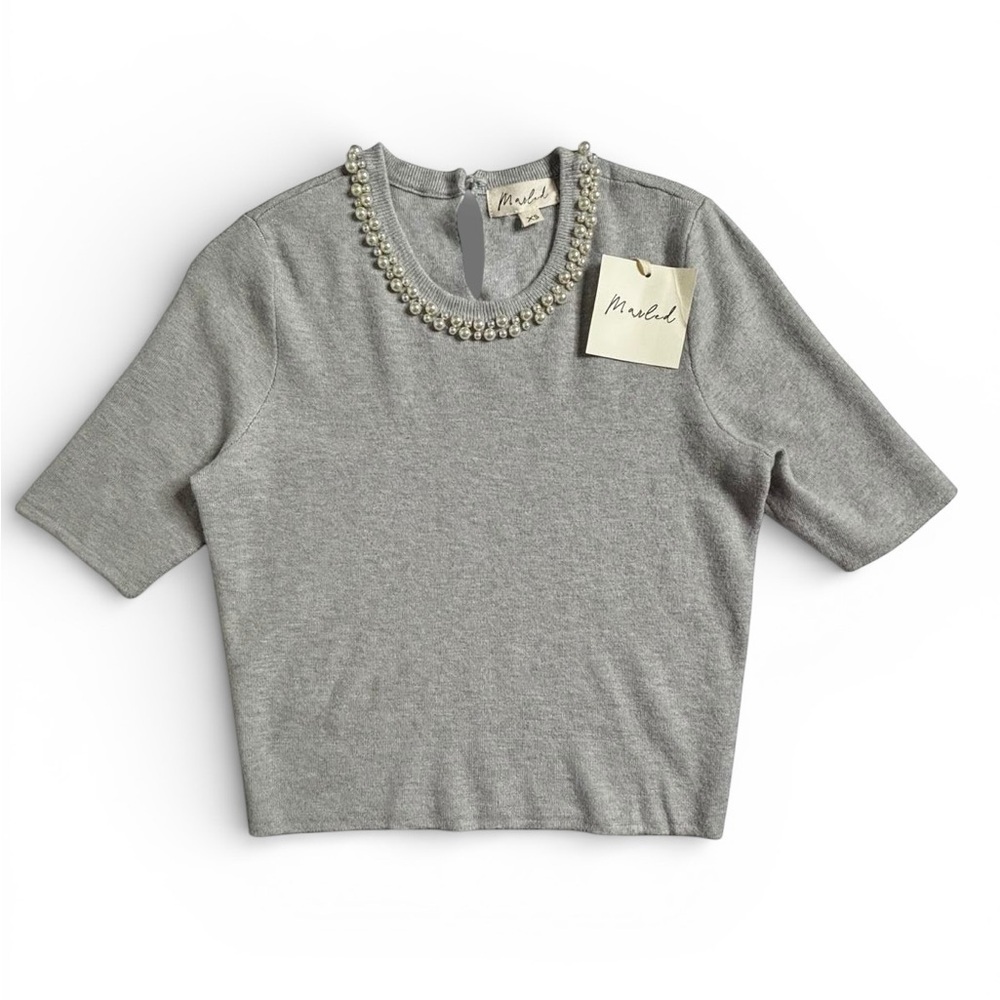 Marled Pearl Embellished Neck Knit Top Gray XS NWT